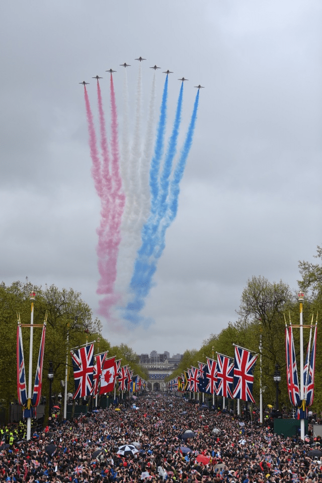 The Red Arrows flew over The Mall during the King's coronation