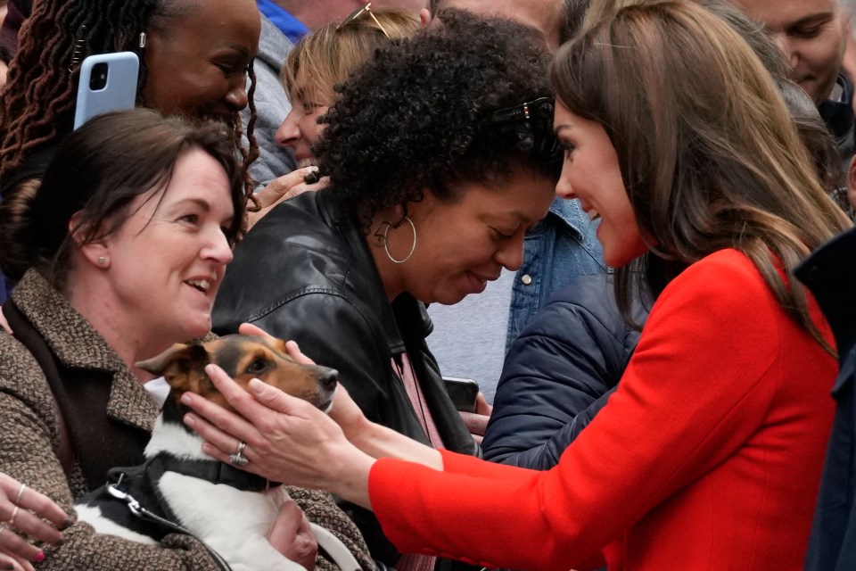 Kate pets a dog as she speaks to members of the public while viewing Coronation preparations in Soho, London