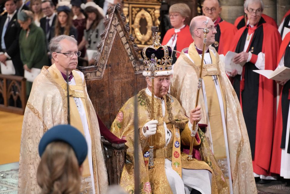 The crown of St Edward sits a top King Charles' head at his coronation ceremony in Westminster Abbey