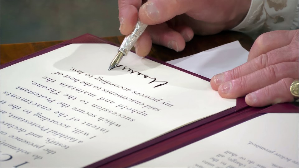 Each part of it the oath was framed as a question to the King, who placed his hand on the Bible as he replied before signing copies