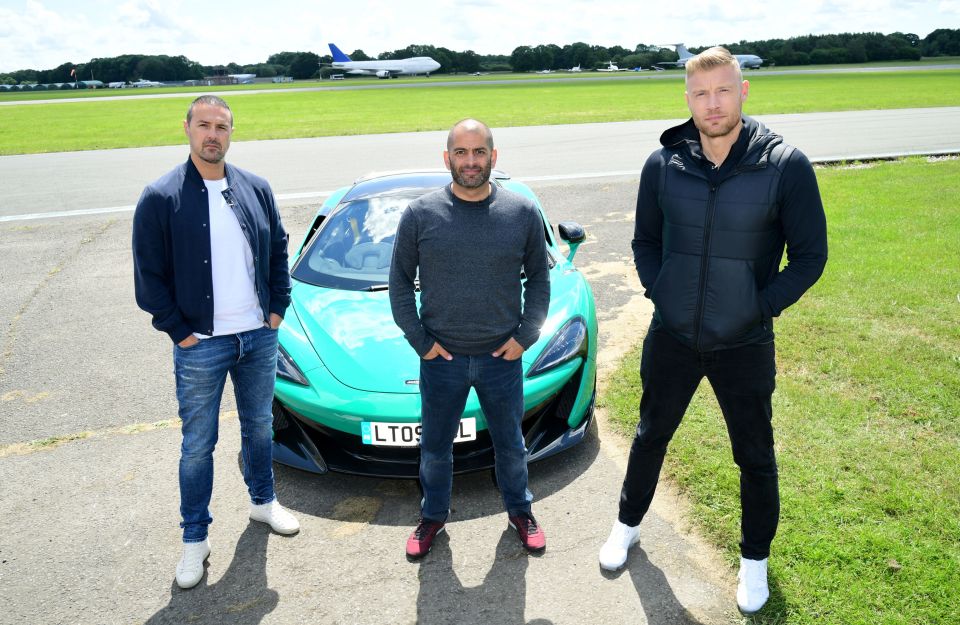 Flintoff, right, pictured with co-hosts Paddy McGuinness, left and Chris Harris, centre