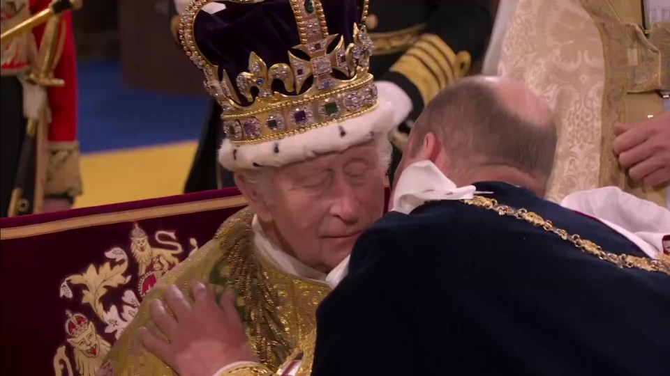 The touching message between father and son — a symbolic moment between the King and his heir — came minutes after St Edward’s Crown was placed on Charles III’s head