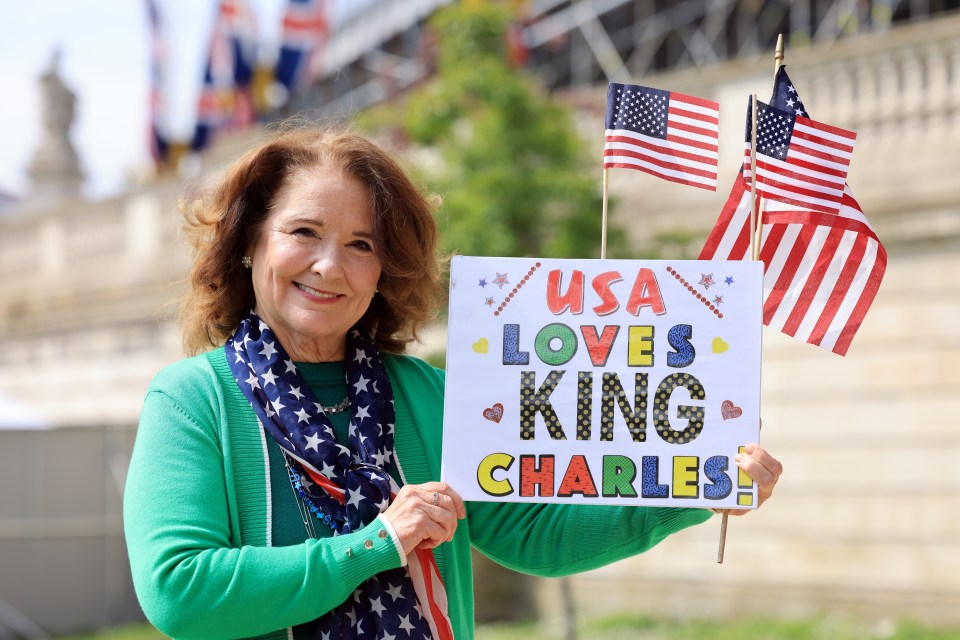 Christine Wofford from Canton, Michigan, was carrying a 'USA loves King Charles' sign