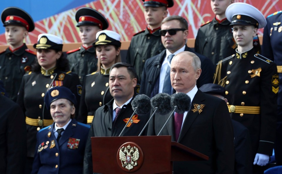 Vladimir Putin gives a speech at his flop military parade on Tuesday