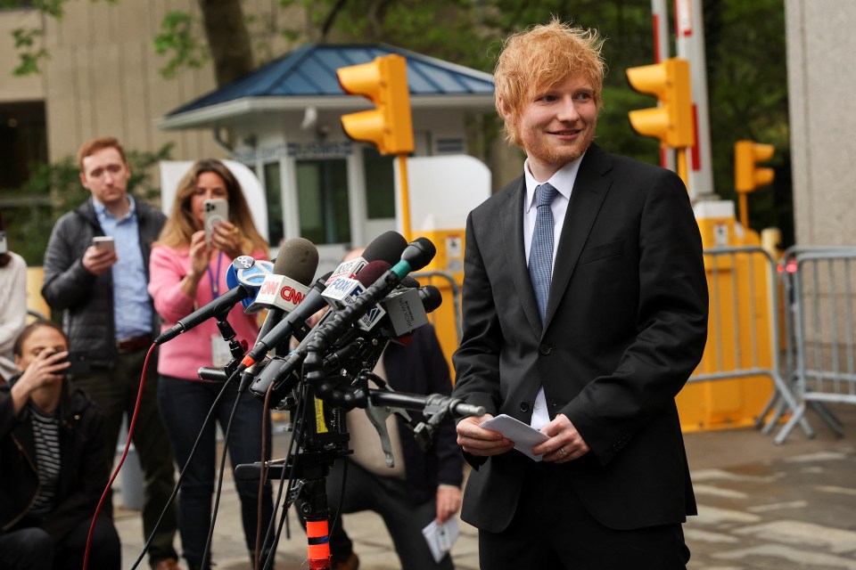 Singer Ed Sheeran speaks to the media, after his copyright trial at Manhattan federal court