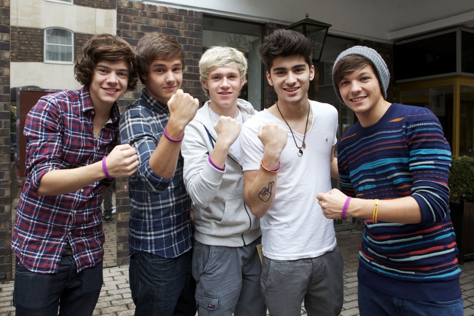 One Direction stars, from left, Harry, Liam, Niall, Zayn and Louis wearing the charity’s bands in 2012