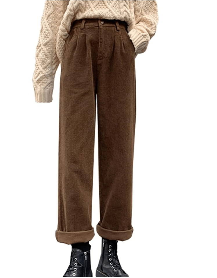 Cyparel Women's Vintage High Waisted Straight Leg Corduroy Pants Trouser