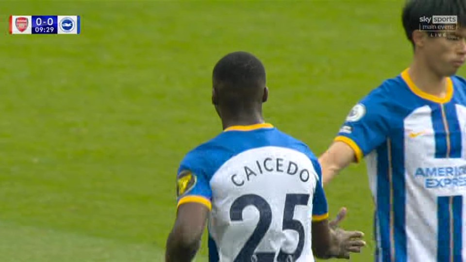 Caicedo was seen slapping Mitoma’s hand after his horror tackle