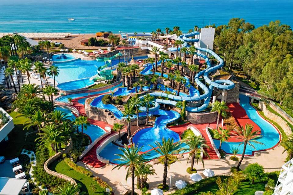 The aqua park at the Seven Seas Hotel features water slides, a lazy river and inflatable ring slides