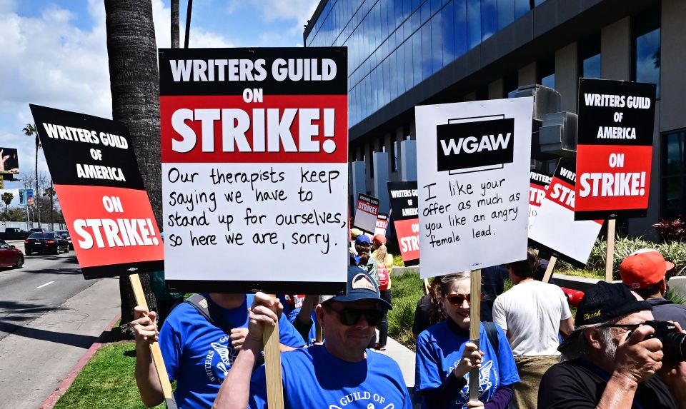 Writers picket in front of Netflix on Sunset Boulevard in Hollywood, California