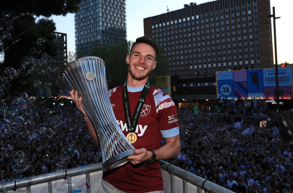 Declan Rice celebrates winning the Europa Conference League with West Ham