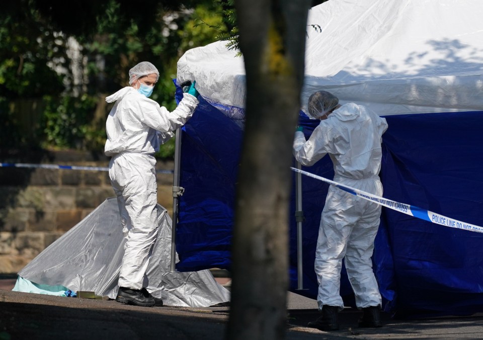 Police forensics officers erected a forensic tent on Magdala Road yesterday