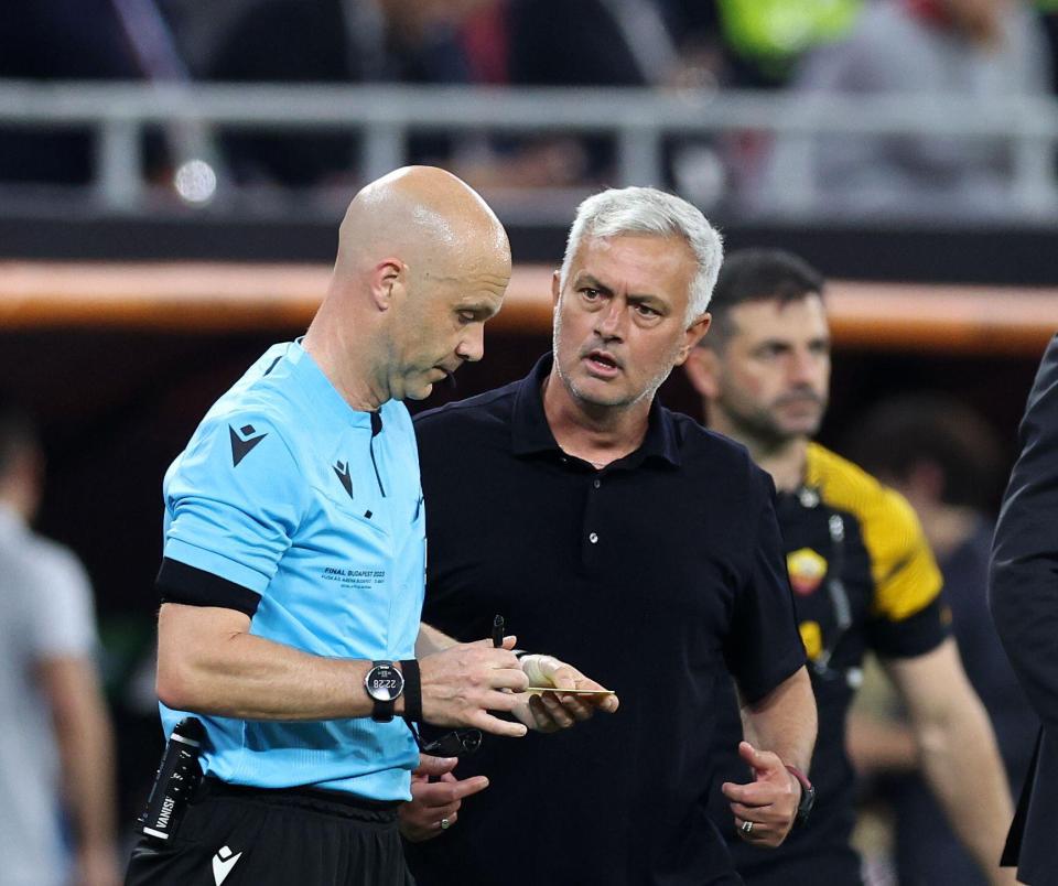 Hot-head boss Jose Mourinho clashed with ref Anthony Taylor as Roma lost the Europa League final on penalties