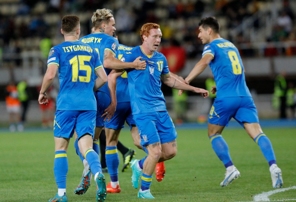 Mykhailo Mudryk  and Co help Yukhym Konoplya celebrate his Ukraine leveller, following the first of the Chelsea star's two assists