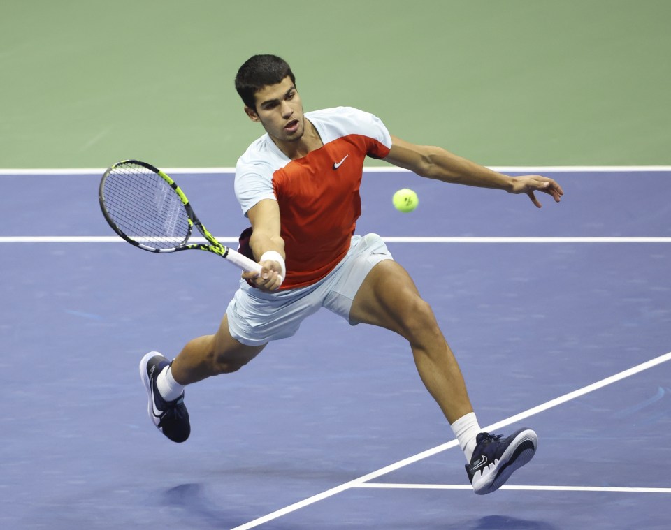 NEW YORK, NY - SEPTEMBER 11: Carlos Alcaraz of Spain during the men's final on day 14 of the US Open 2022, 4th Grand Slam event of the season at the USTA Billie Jean King National Tennis Center on September 11, 2022 in Queens, New York City. (Photo by Jean Catuffe/Getty Images)