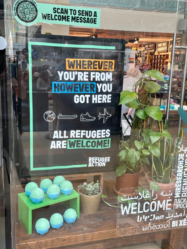 The campaign posters in Lush encourage people to welcome small boat arrivals