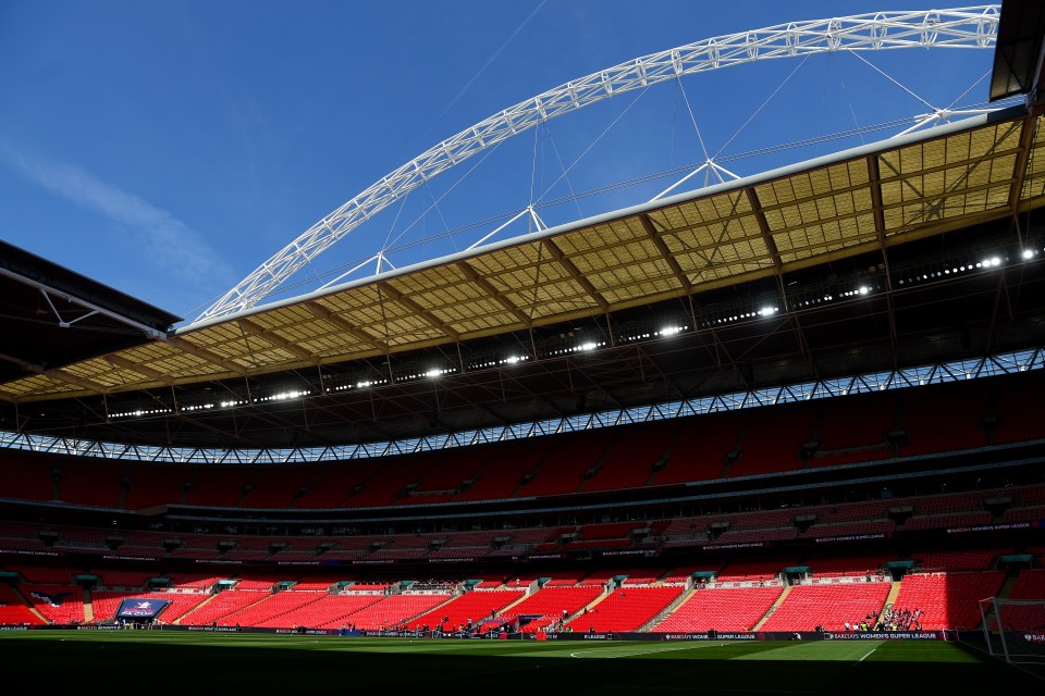 LONDON, ENGLAND - MAY 14: A general view of the inside of the stadium prior to the Vitality Women's FA Cup Final between Chelsea FC and Manchester United at Wembley Stadium on May 14, 2023 in London, England. (Photo by Clive Rose/Getty Images)