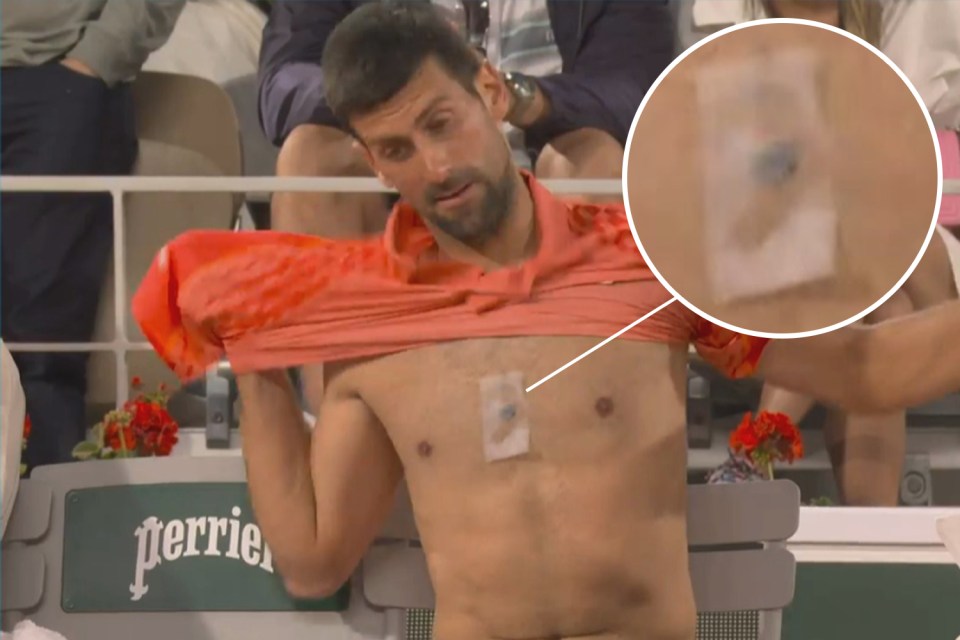 Novak Djokovic wearing a small device on his chest.