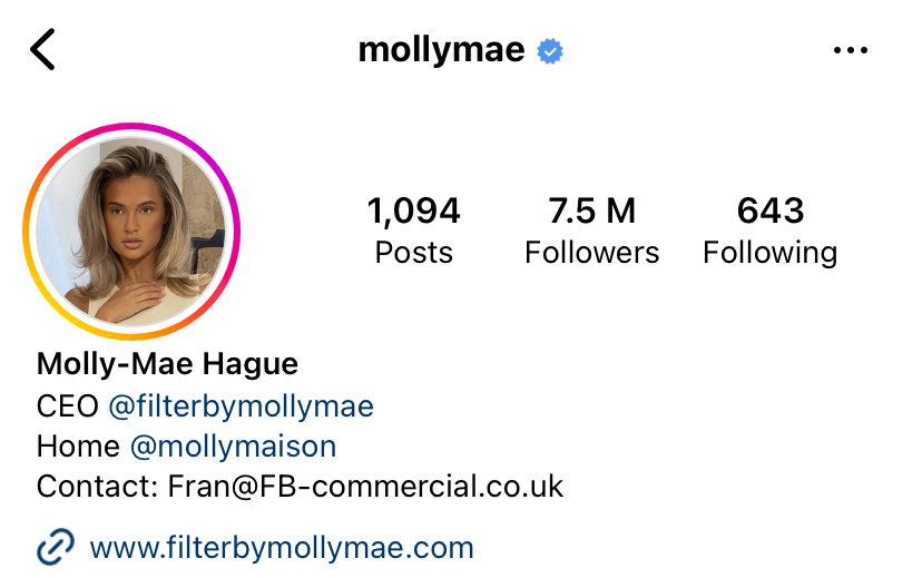 Molly has ditched PLT from her Instagram bio