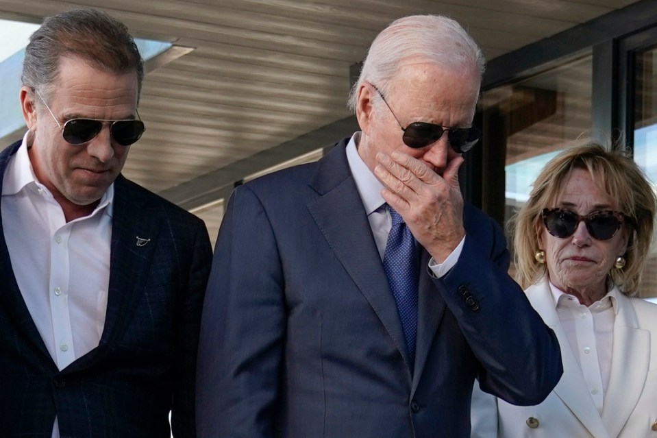 President Joe Biden stands with his son Hunter Biden, left, and sister Valerie Biden Owens, second from right, as he looks at a plaque dedicated to his late son Beau Biden while visiting Mayo Roscommon Hospice in County Mayo, Ireland, Friday, April 14, 2023. (AP Photo/Patrick Semansky)