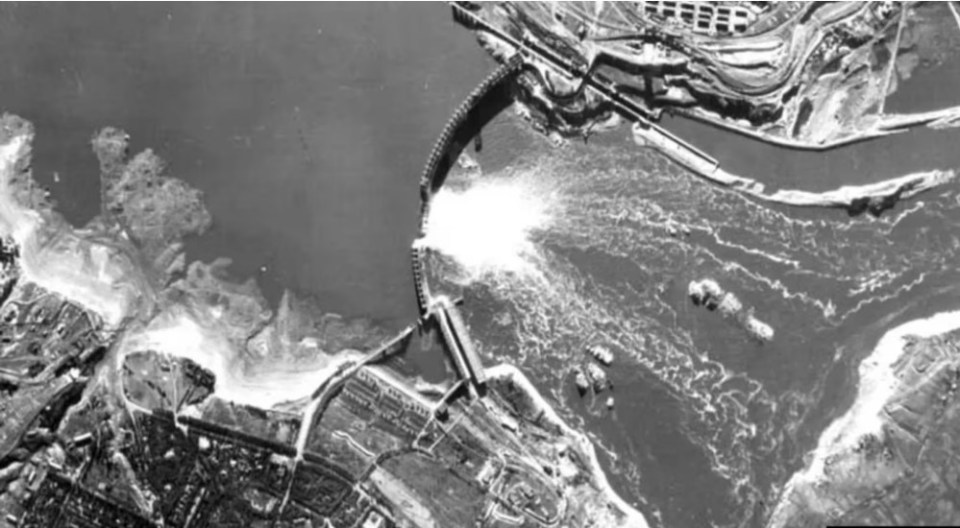 An aerial view of the DniproHES dam after its partial destruction in 1941