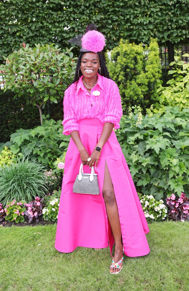 Fabulous stylist Nana Acheampong was a vision in a breathtaking pink shirt and maxi skirt, carrying an Aspinal bag