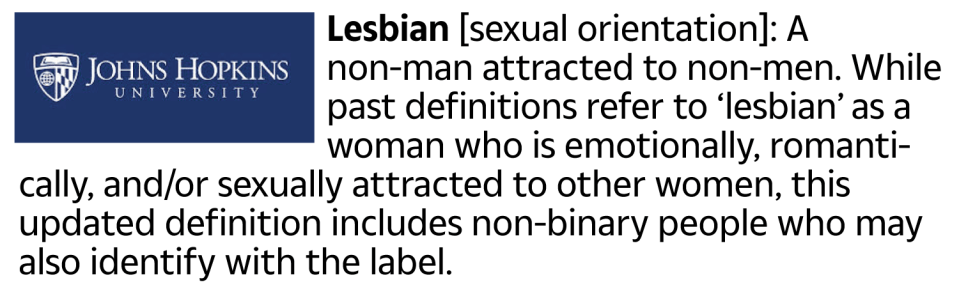 Johns Hopkins University defined a lesbian as a 'non-man attracted to non-men'