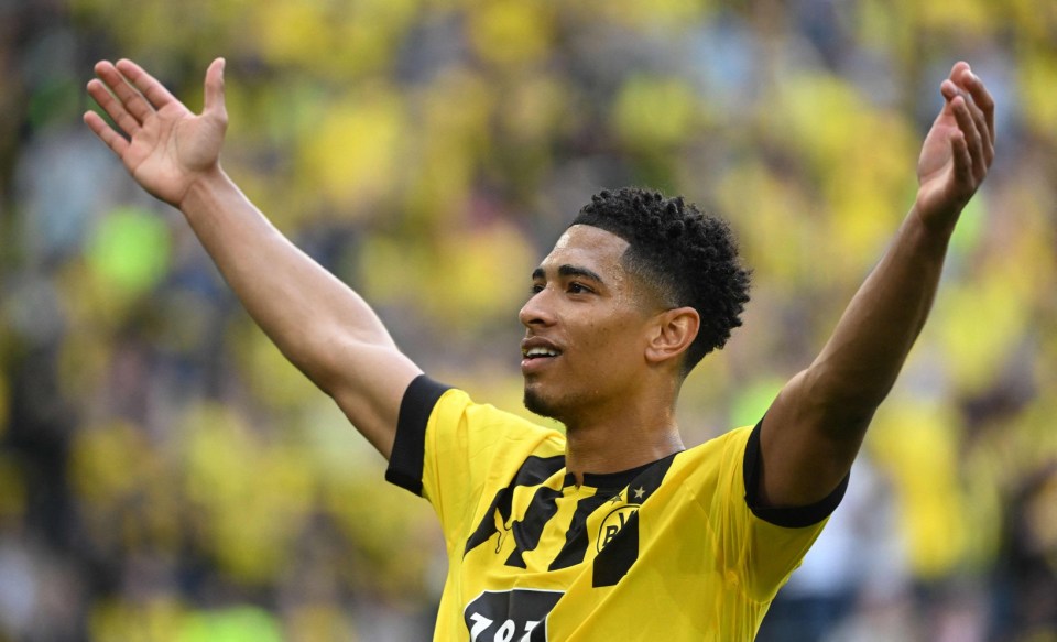 (FILES) Dortmund's English midfielder Jude Bellingham celebrates after scoring the 2-0 goal during the German first division Bundesliga football match between BVB Borussia Dortmund and Borussia Moenchengladbach in Dortmund, western Germany on May 13, 2023. English teenager Jude Bellingham will move from Borussia Dortmund to Real Madrid for a fee in excess of 100 million euros ($107 million), the German side announced on June 14, 2023. Dortmund confirmed the two teams had reached a "mutual agreement" over the transfer of the 19-year-old in the summer. (Photo by INA FASSBENDER / AFP) / DFL REGULATIONS PROHIBIT ANY USE OF PHOTOGRAPHS AS IMAGE SEQUENCES AND/OR QUASI-VIDEO (Photo by INA FASSBENDER/AFP via Getty Images)