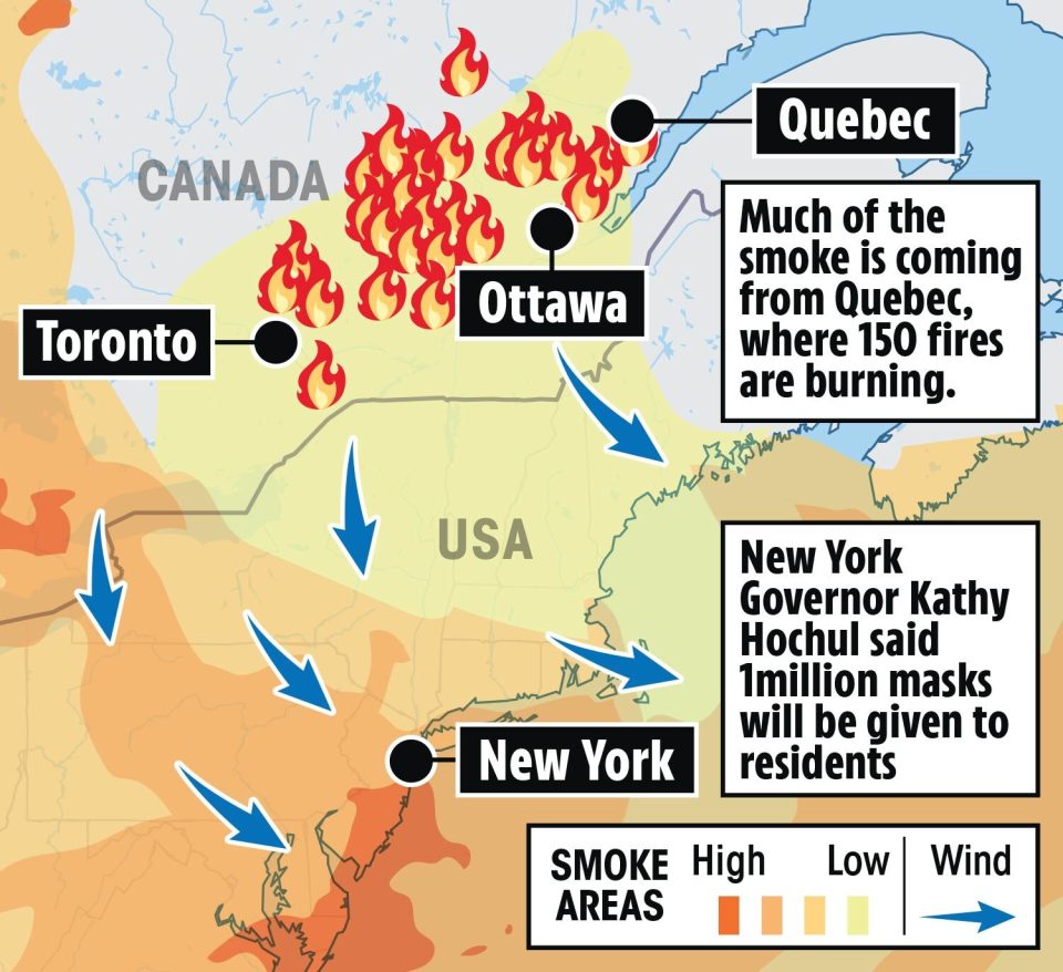 At least 9.3 million acres have been scorched in ­Quebec and Ontario, bordering New York State