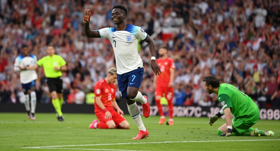 Bukayo Saka bagged his first England hat-trick at Old Trafford on Monday evening