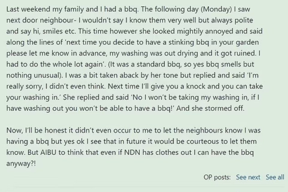 The woman took to Mumsnet to seek advice over the neighbour