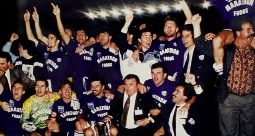 Please hold for Monday 20 Feb feature on Postecoglou, Ange Postecoglou, , 3429 : Aussie champions, Ange with Cup next to Ferenc Puskas, Blair above Ange