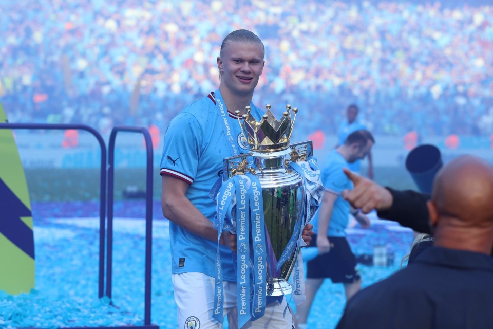 Man City striker Erling Haaland with the Premier League trophy