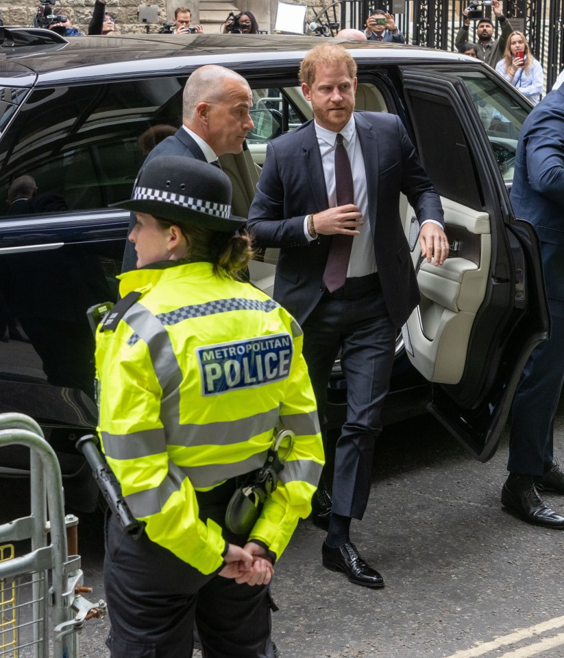 Prince Harry became the first royal in 132 years to testify in court, pictured above arriving with his security team