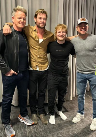 Gordon Ramsey and actors Chris Hemsworth and Matt Damon hung out with Ed Sheeran after his gig at MetLife Stadium