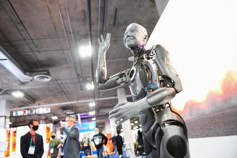 The Engineered Arts Ameca humanoid robot with AI gestures as it is demonstrated during the Consumer Electronics Show