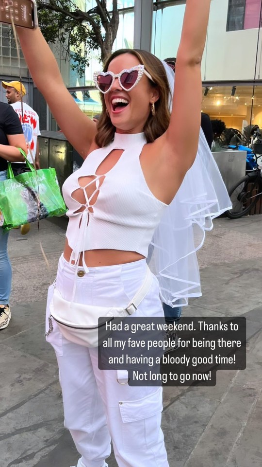 Georgia May Foote ditched her bra in a white crop top as she celebrated her hen do