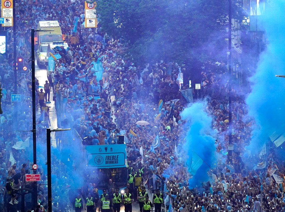 A general view of the team buses passing by fans during the Treble Parade in Manchester. Manchester City completed the treble (Champions League, Premier League and FA Cup) after a 1-0 victory over Inter Milan in Istanbul secured them Champions League glory. Picture date: Monday June 12, 2023. PA Photo. See PA story SOCCER Man [â¦]