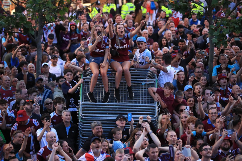 Fans gather to watch West Ham United's open top bus parade through Stratford, London, following Wednesday's 2-1 victory over Fiorentina in the Europa Conference League final and ended their 43-year wait for a trophy. Picture date: Thursday June 8, 2023. PA Photo. See PA story SOCCER West Ham. Photo credit should read: Bradley Collyer/PA Wire. RESTRICTIONS: Use subject to restrictions. Editorial use only, no commercial use without prior consent from rights holder.