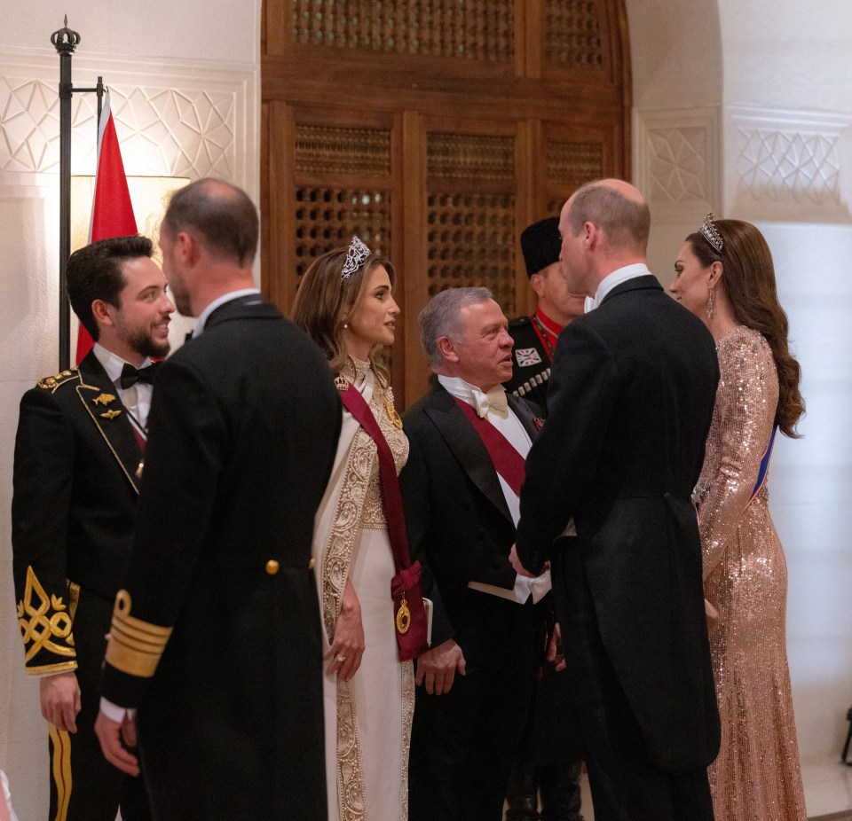 Jordan’s King Abdullah II, Queen Rania, Crown Prince Hussein and Rajwa Al Saif greet the Prince and Princess of Wales