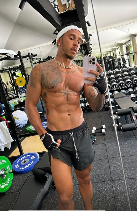 Lewis Hamilton shows off toned abs after sweaty gym workout