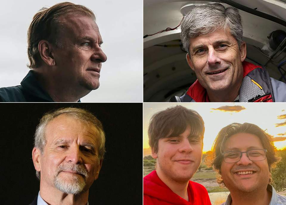 The five passengers on board the Titan: Hamish Harding (top left), Shahzada Dawood and his son Suleman (bottom right), Paul-Henri Nargeolet (top right) and Stockton Rush (bottom left)