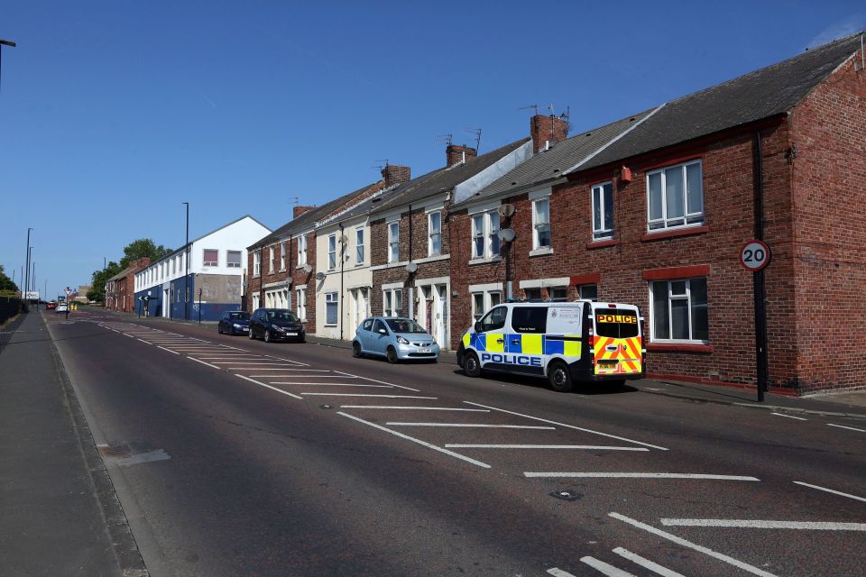 Cops on Welbeck Road, Newcastle, after two men were found dead