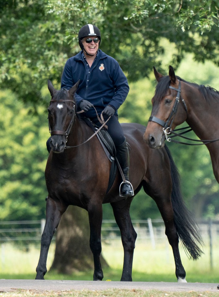 The Duke of York appeared to be enjoying his horse ride in Windsor