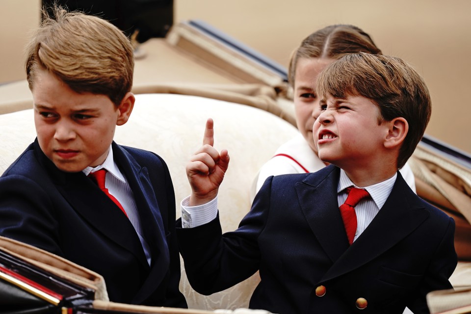 Cheeky Prince George, Prince Louis and Princess Charlotte were entertained during their carriage ride