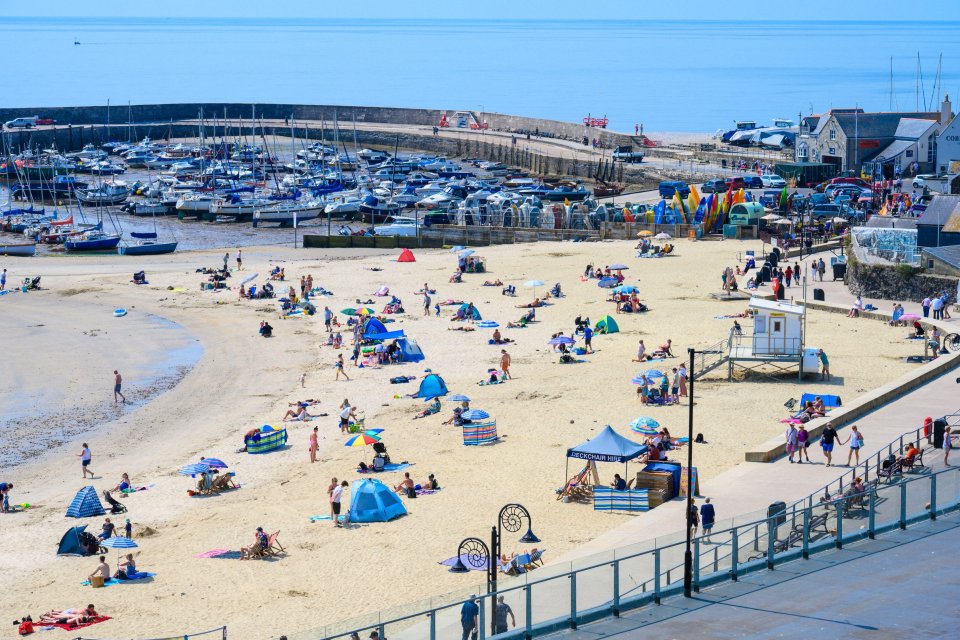 Sun-worshippers flock to the seaside resort of Lyme Regis, Dorset