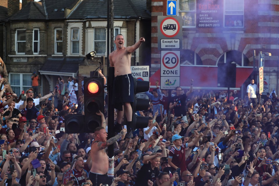 Fans gather to watch West Ham United's open top bus parade through Stratford, London, following Wednesday's 2-1 victory over Fiorentina in the Europa Conference League final and ended their 43-year wait for a trophy. Picture date: Thursday June 8, 2023. PA Photo. See PA story SOCCER West Ham. Photo credit should read: Bradley Collyer/PA Wire. RESTRICTIONS: Use subject to restrictions. Editorial use only, no commercial use without prior consent from rights holder.