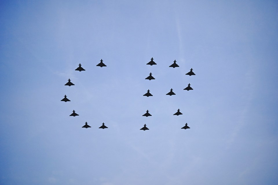 Making up the initials CR, 18 typhoons made their way through the skies of London