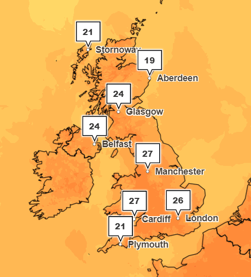 Temperatures hit 27C this evening - making parts of the UK hotter than Bilbao in Spain