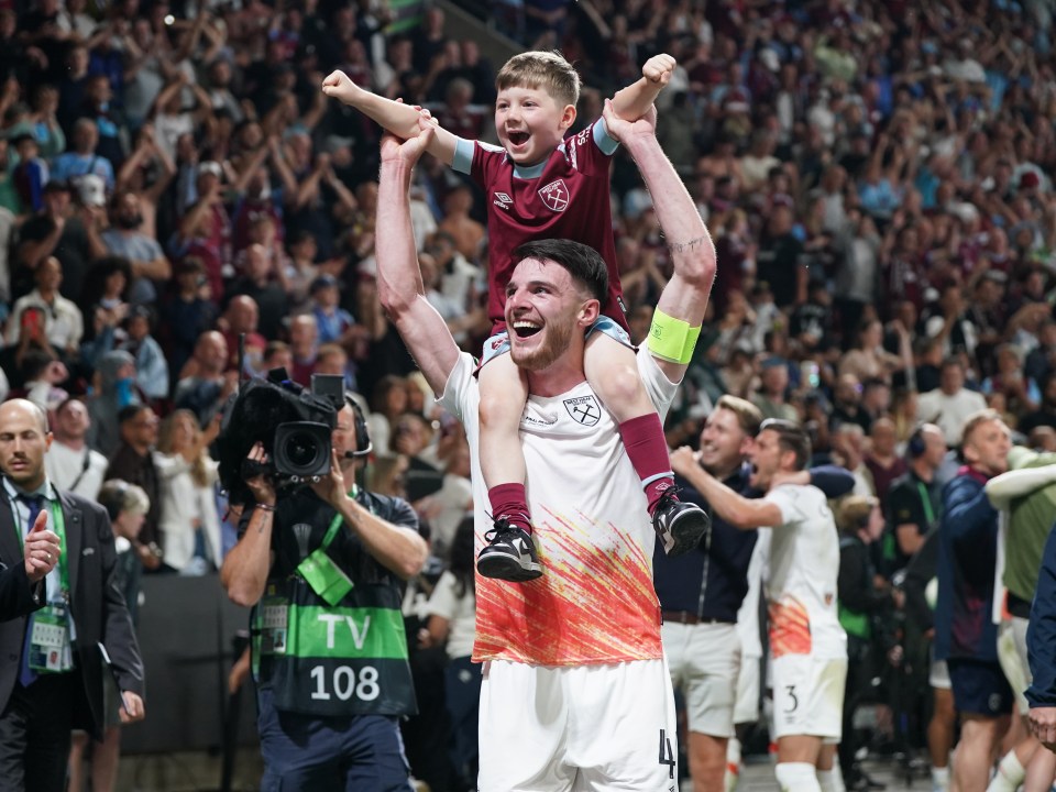 Declan Rice lifted a young West Ham fan onto his shoulders